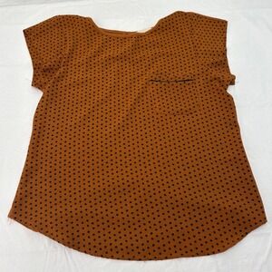 Willow Young Contemporary Rust Brown Polka Dot Short Sleeve Pocket Blouse Medium